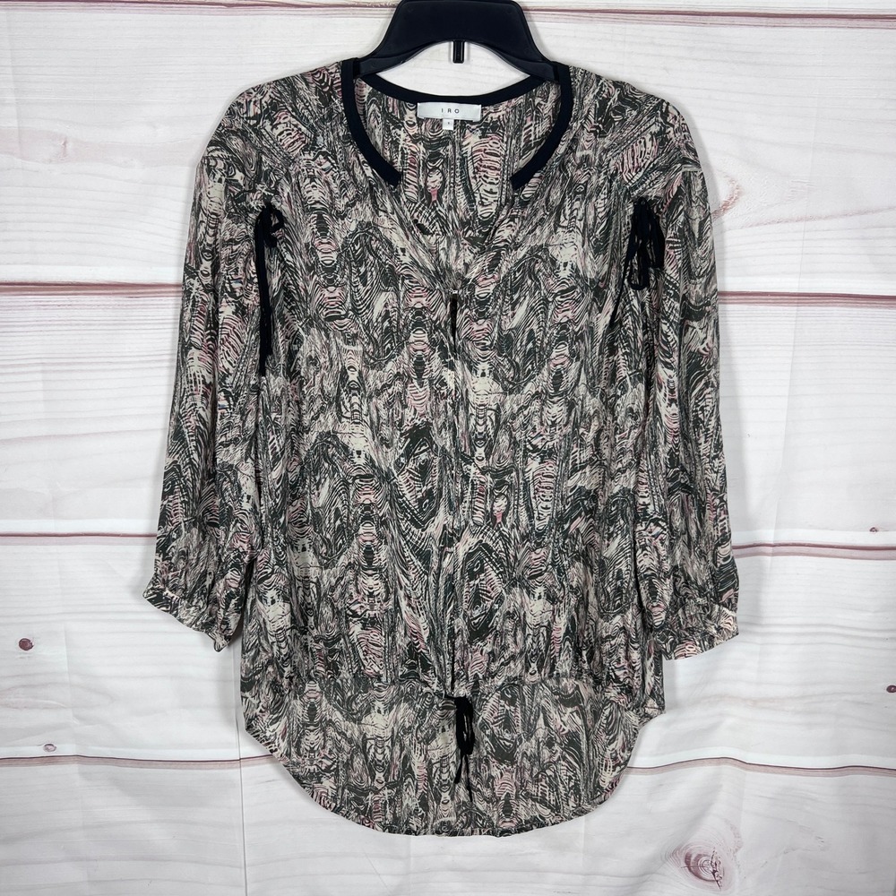 IRO Blouse Women 1 S Multicolor Carl Silk Blend Abstract Print V-Neck Drawstring